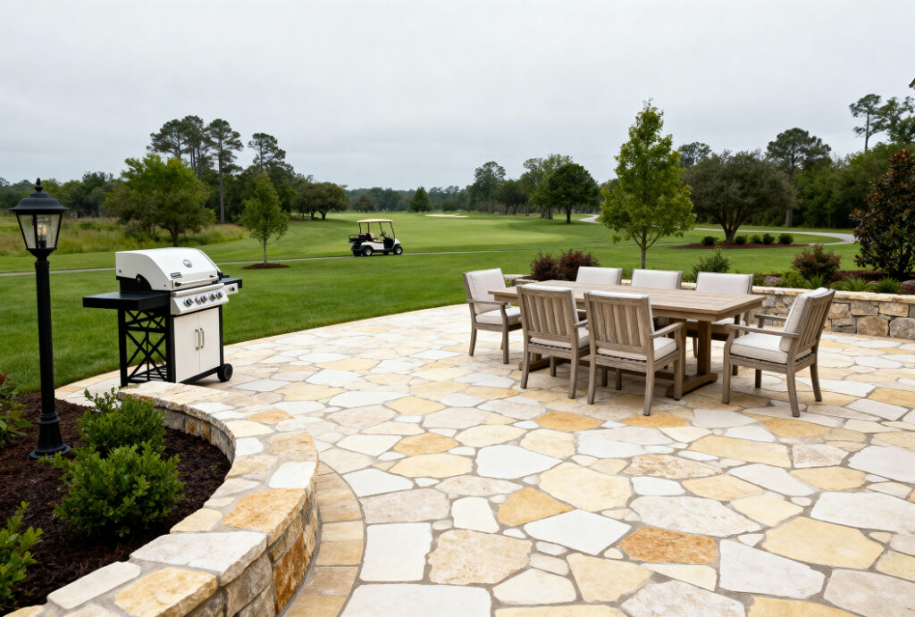 A spacious flagstone patio featuring a wooden outdoor dining set and a stainless steel grill, overlooking a scenic green golf course with a golf cart in the distance. The patio is bordered by a curved stone retaining wall with shrubs and a classic black lamppost under an overcast sky.