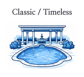 Illustration of a classic timeless swimming pool design with pergola and fountain.
