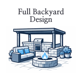Full backyard design illustration featuring outdoor kitchen, fire pit, and seating area.