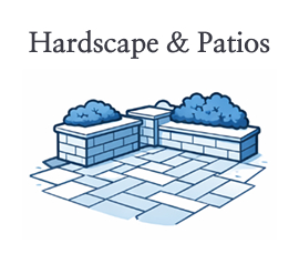 Hardscape and patios illustration featuring stone pavers and garden retaining walls.
