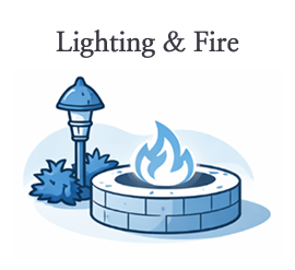 Outdoor lighting and stone fire pit illustration for garden landscaping.