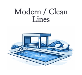 Modern swimming pool illustration with clean lines, a pergola, and loungers.