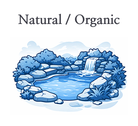 Natural organic garden pond illustration featuring a waterfall and rock border.