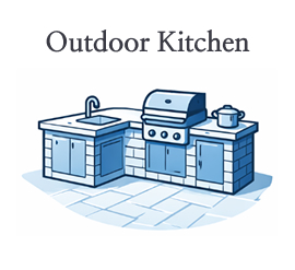 Illustration of a modern outdoor kitchen with a built-in grill and sink.