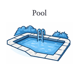 Illustration of a blue swimming pool with a ladder and bushes.