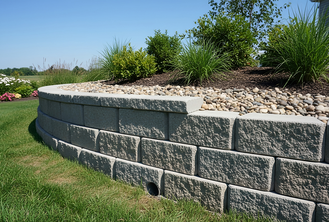 A curved, tiered retaining wall made of large, textured grey concrete blocks separates a green lawn from a raised garden bed filled with river rocks, mulch, and various green shrubs under a clear blue sky.