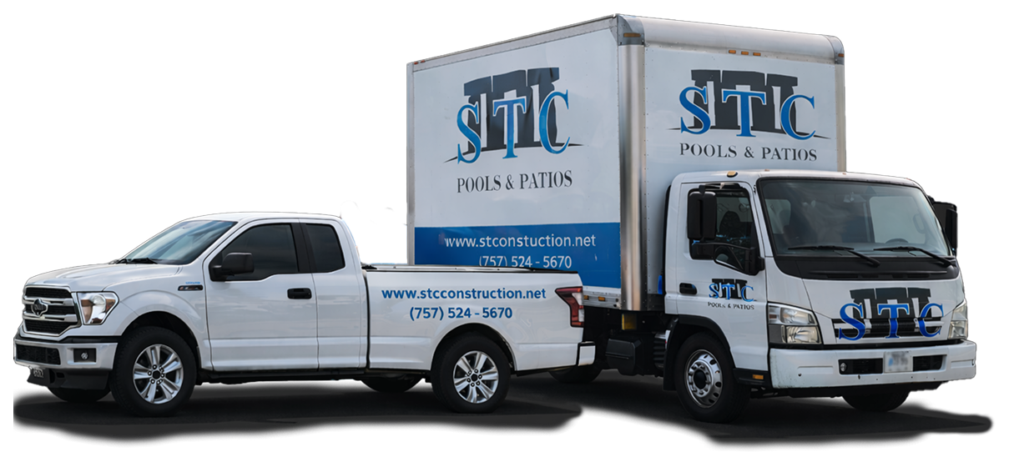 STC Pools & Patios branded commercial trucks for pool and patio construction.