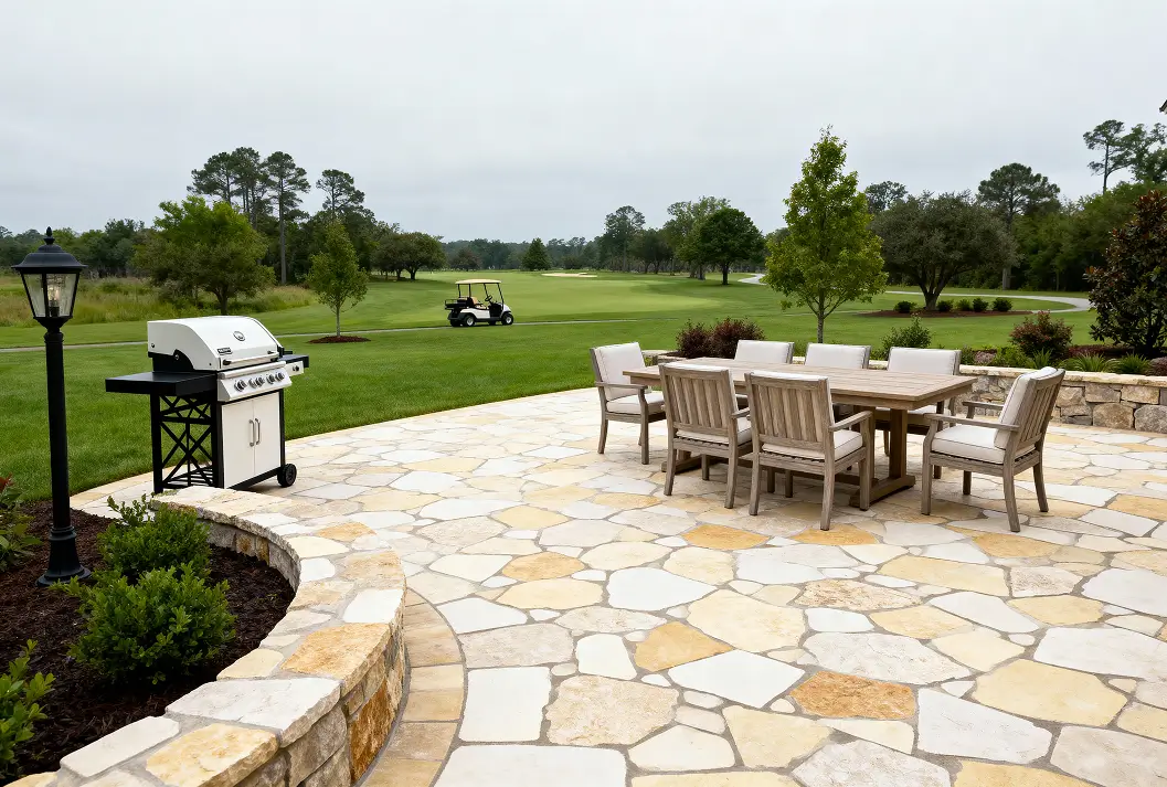 Flagstone patio with dining table and grill overlooking a golf course.