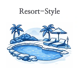 Resort-style pool illustration with tropical palm trees and lounge chairs.