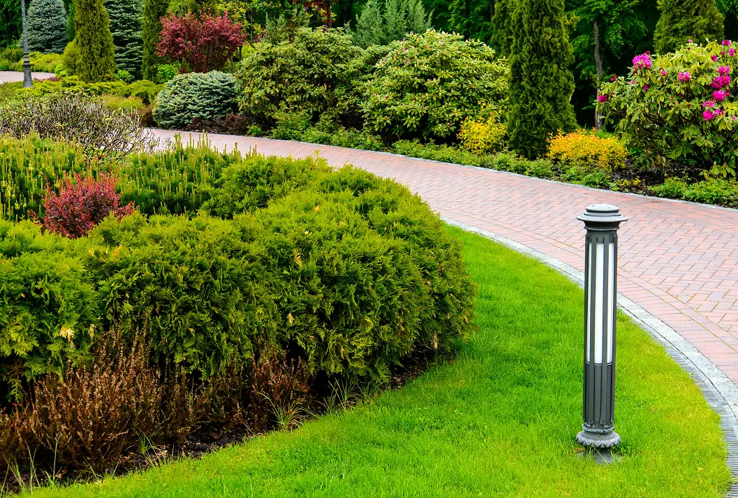 Curved red brick paver walkway winding through a lush green garden.