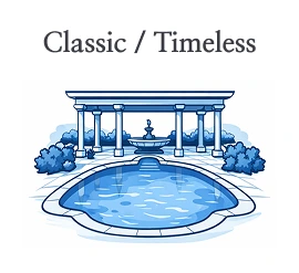 Classic swimming pool illustration with a columned pergola background.
