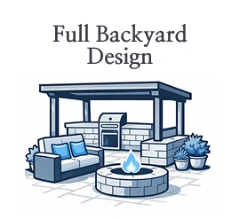 Outdoor patio illustration with a grill, sofa, and fire pit.