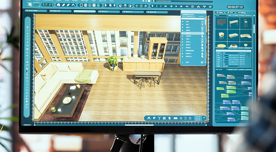 3D interior design software interface displaying a virtual living room with sectional sofa, coffee table, and kitchen cabinets, with toolbars, menus, and node system visible on screen.