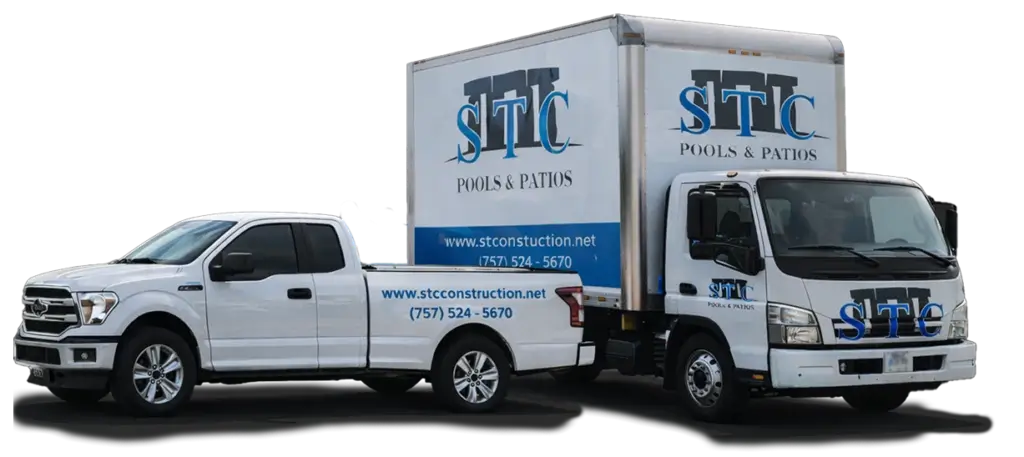 STC Pools & Patios white pickup truck and commercial box truck.